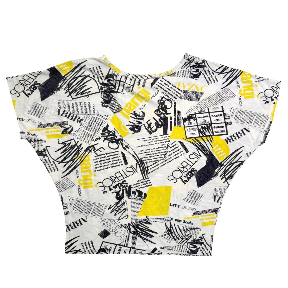 Vintage 90's Express Top White Yellow Newsprint Abstract Graphic Dolman Crop
